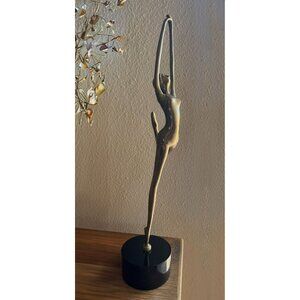 VTG Brass Ballerina Table Sculpture Dancer Lyrical Mid Century Modern Wood Base